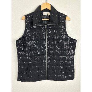 Chicos Collection Womens Sequin Quilted Vest Size 2 US‎ Large Black Holiday